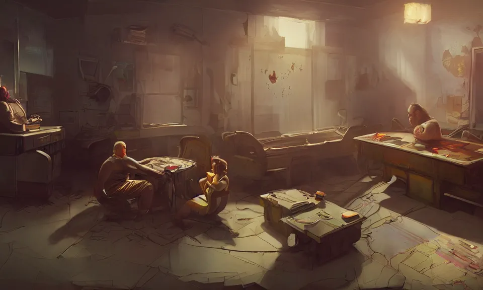 Prompt: artstation scifi scene of a shabby american room in 1 9 7 0 s, a fat man plays dungeons and dragons with bountiful girl ghost, unreal engine 5, hyper realism, realistic shading, cinematic composition, blender render, octane render, hdr, detailed textures, photorealistic, wide shot