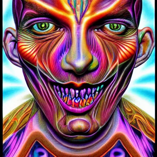 Prompt: hyperrealism realistic lsd detailed 3 d scary pyschedelic trippy nightmare face in the style of alex grey and pablo amaringo and david normal