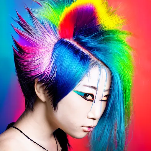 Prompt: Beautiful Japanese punk rock model with rainbow mowhawk hair, Studio portrait,