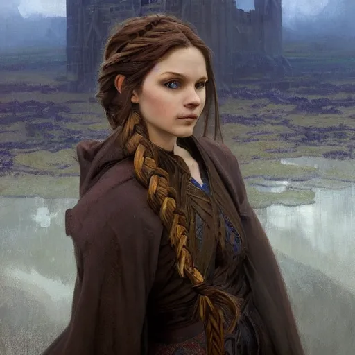 Prompt: portrait of a mage, cloth, blue hour, solemn, dungeons and dragons character, dramatic lighting, female, brown hair, celtic braid, castle background, gorgeous view, realistic, high detail, digital art, painted by greg rutkowski, painted by jeremy mann, painted by alphonse mucha, trending on artstation