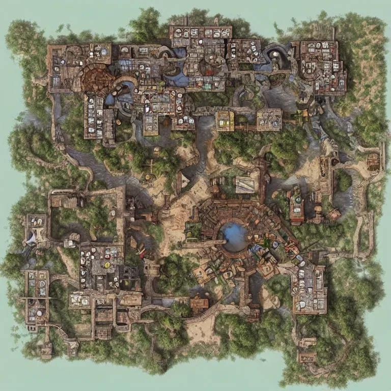 Prompt: full - color fantasy floor plan of a bustling merchant village with a bridge over a river to the north, d & d, pathfinder, by jeff todd and greg rutkowski, trending on artstation, pinterest