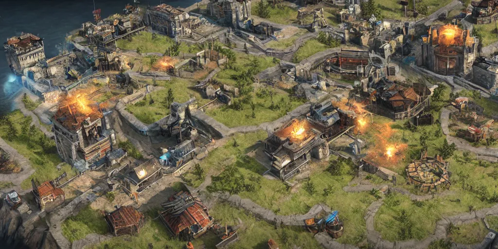 Image similar to zoomed in rts fortress game map based on deadspace meets farcry 5. lush environment, colorful realism, unreal engine 5, edge of tomorrow technology