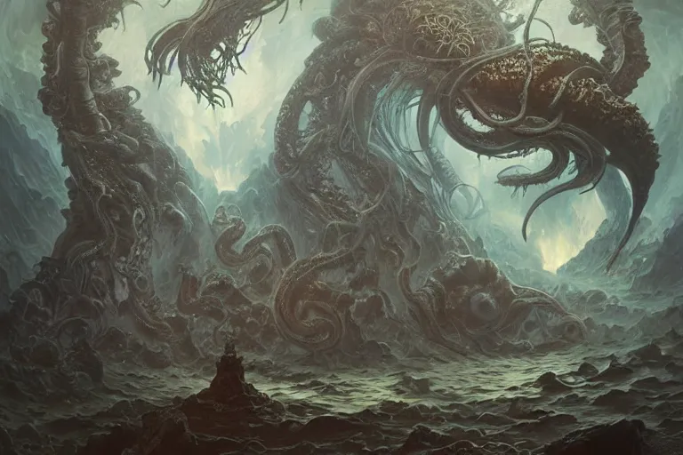 Image similar to a lovecraftian painting of cthulhu rising, cosmic horror elements, ultra realistic, concept art, intricate details, eerie, highly detailed, photorealistic, octane render, 8 k, unreal engine. art by artgerm and greg rutkowski and alphonse mucha