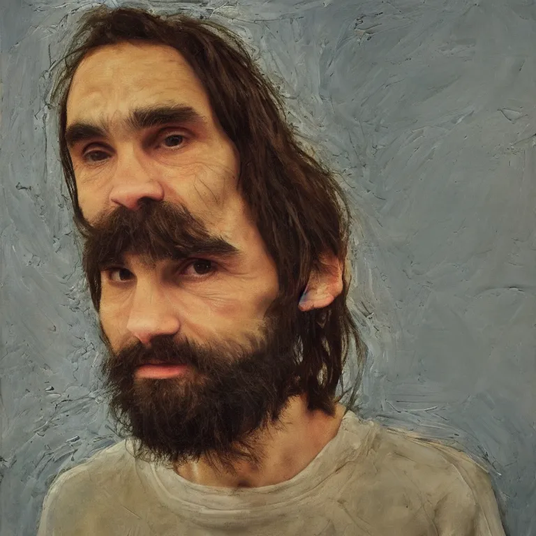 Prompt: Beautiful warmly lit close up studio portrait of young teenage Charles Manson sweetly smiling, impasto oil painting heavy brushstrokes by Cy Twombly and Anselm Kiefer , trending on artstation dramatic lighting abstract Expressionism