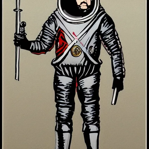 Image similar to A knights templar wearing a space suit, in the style of Don Jondro