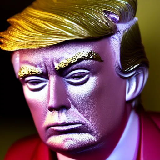 Image similar to Donald Trump with silver-violet hair, white eyes and golden glittery dress, wide lens, diorama, 4k,