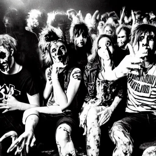 Image similar to zombies at a punk rock concert, highly detailed photo from 1985, black and white