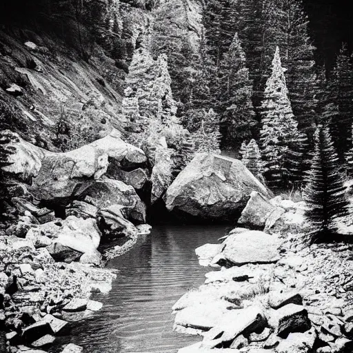 Image similar to lake lake, mountains, dark, dangerous, trees, low light, horror, atmospheric, vintage photography, film