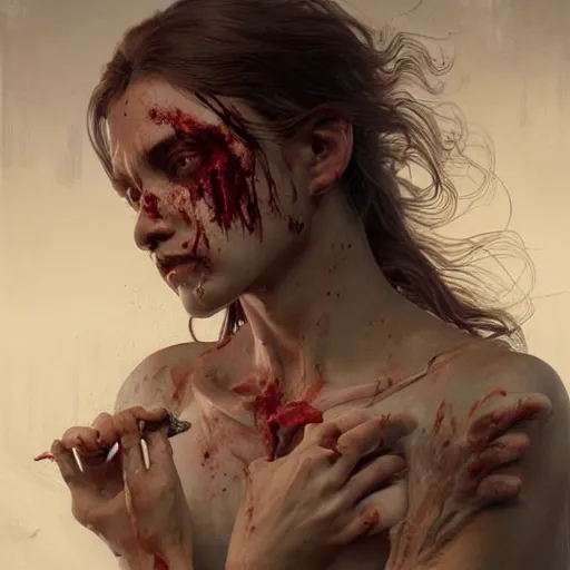 Image similar to portrait painting of a bloodied female butcher, ultra realistic, concept art, intricate details, eerie, highly detailed, photorealistic, octane render, 8 k, unreal engine. art by artgerm and greg rutkowski and alphonse mucha