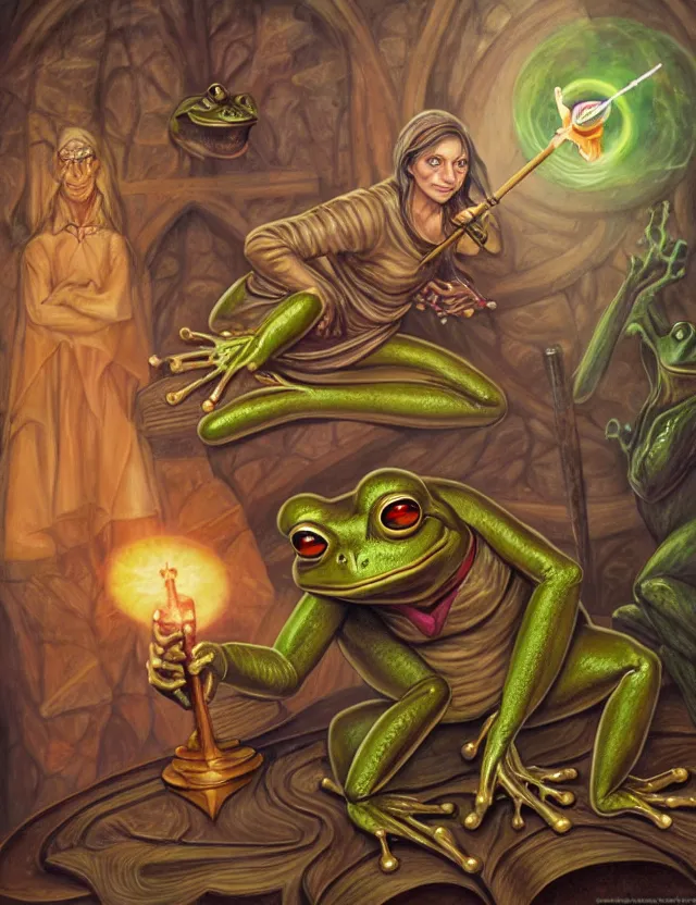 Prompt: anthropomorphic bipedal frog that is dressed as a medieval librarian, and holding a wand, while casting a magic projectile, as a matte oil painting and d & d character art, by alex grey, standing, fullbody, books, pages, concept art, award - winning, extremely detailed, sharp focus