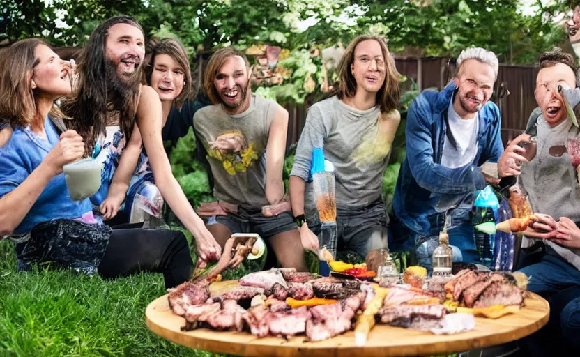 Image similar to a group of friends having a bbq with an alien at the backgardenof a detroit house