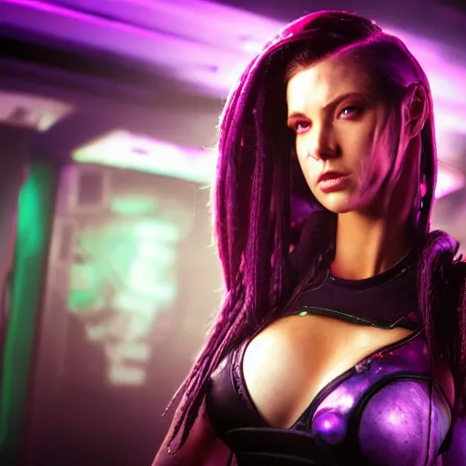 Image similar to high quality portrait of Kerrigan from starcraft in a cyberpunk cyberpunk cyberpunk cafe, realism, 8k, award winning photo