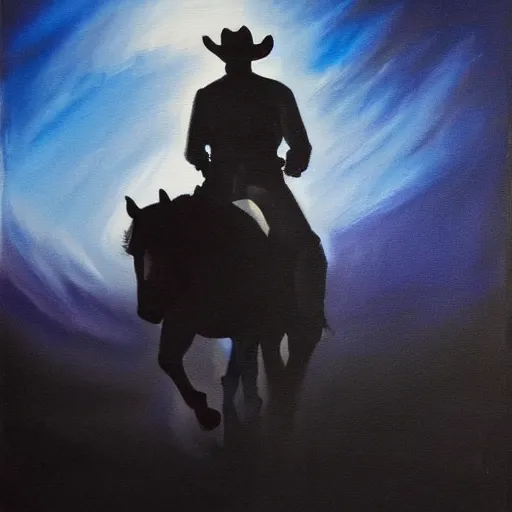 Image similar to a painting of a cowboy riding a horse into the dark horizon, high contrast, black and blue color scheme, dark, creepy, night, far away