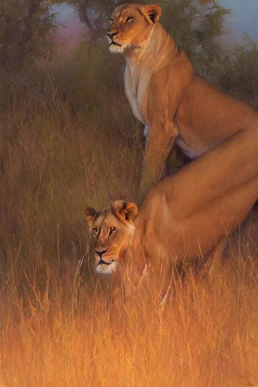 Image similar to spiritual twin flame lioness hunting art, pink sunset hue, highly detailed, oil painting hue, by craig mullins
