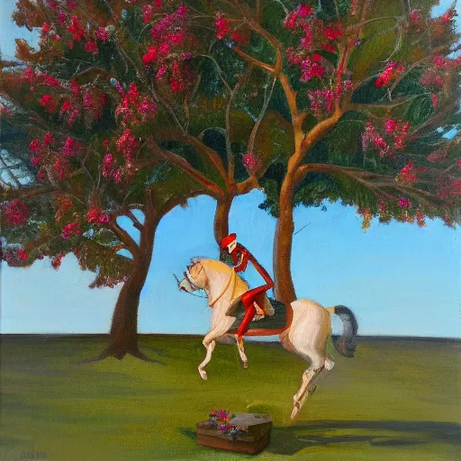 Prompt: napoleon riding a squirrel on the beach with crepe myrtles in the background, oil painting