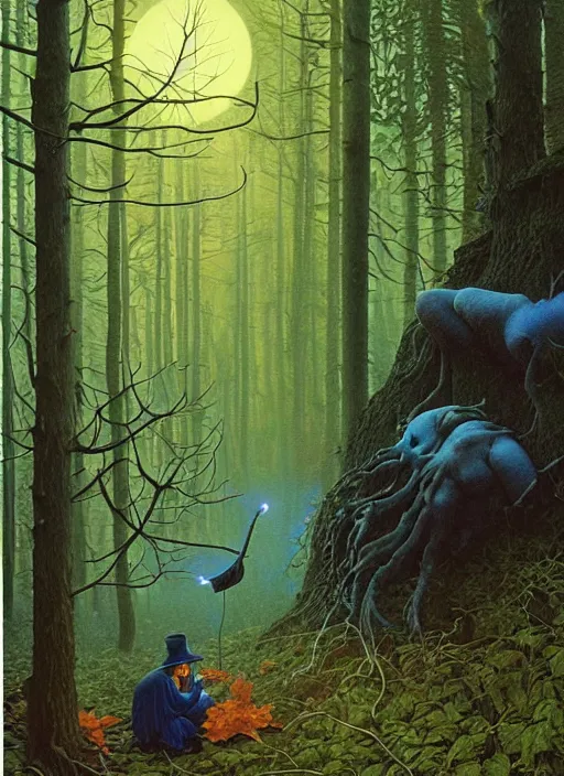 Image similar to hyper realistic witch modem with mood lighting and tech in the woods gorgeous lighting, blue sky, highly detailed, lush forest foliage painting by zdzisław beksinski and norman rockwell and greg rutkowskiweta studio, and lucasfilm