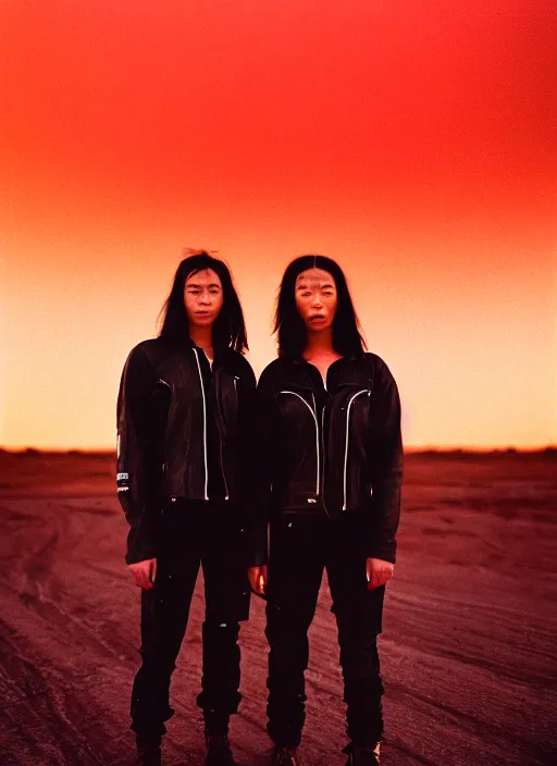 Image similar to cinestill 5 0 d photographic portrait of two loving clones, women wearing rugged black techwear on a desolate plain with a red sky, closeup, diverse species, cyberpunk, in front of a brutalist dark metal facility, dust storm, 3 5 mm, 8 k, depth of field, high resolution, ultra realistic faces, beautiful faces