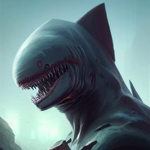 Image similar to professional ominous concept art portrait of a shark - human chimera character by artgerm and greg rutkowski. an intricate, elegant, highly detailed digital painting, concept art, smooth, sharp focus, illustration, in the style of simon stalenhag, wayne barlowe, and igor kieryluk.