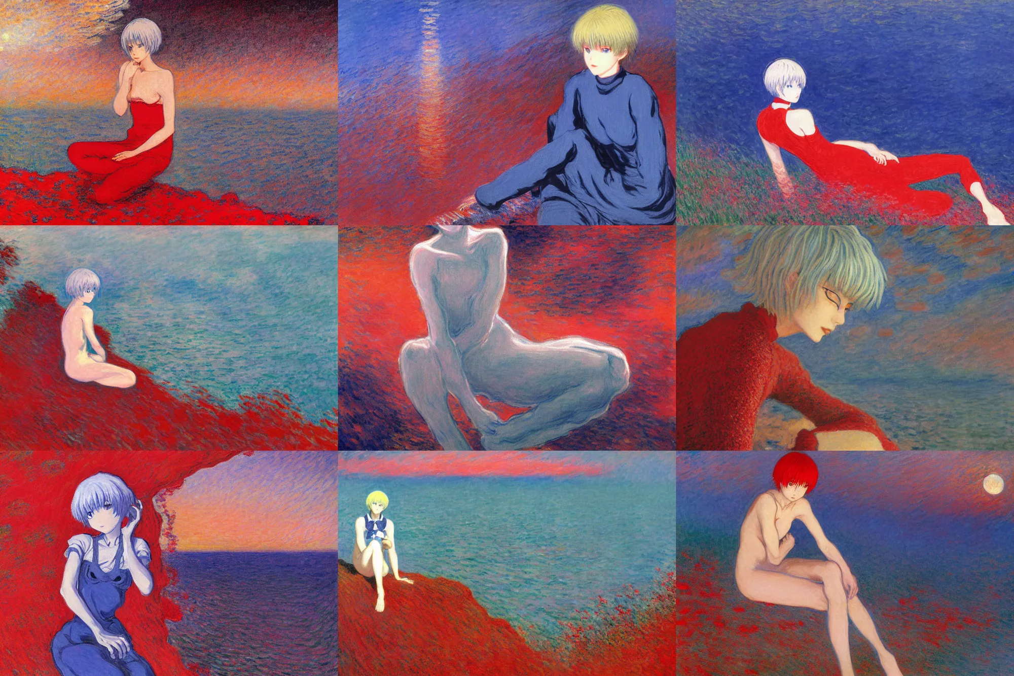 Prompt: Rei Ayanami sitting in a red rocky landscape at night. the sea is dark red. bright moon in the sky, moonlight in the darkness, Yoshitaka Amano, beautiful painting by claude monet, highly detailed textured 8k