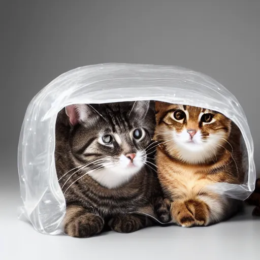 Prompt: a highly detailed photo of multiple furry cats inside a transparent bag, white background, studio lighting, 4 k, 8 k