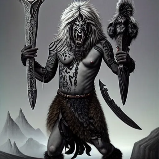 Prompt: “ painting by brom of large gray skinned humanoid with black geometric tattoos, smirking, holding a battle axe, bare chest, fur loin cloth, fur boots, potions and pouches strapped to belt, worn leather backpack, scars and scratches on skin ” artstation, highly detailed, “ dungeons & dragons ” dnd d & d,