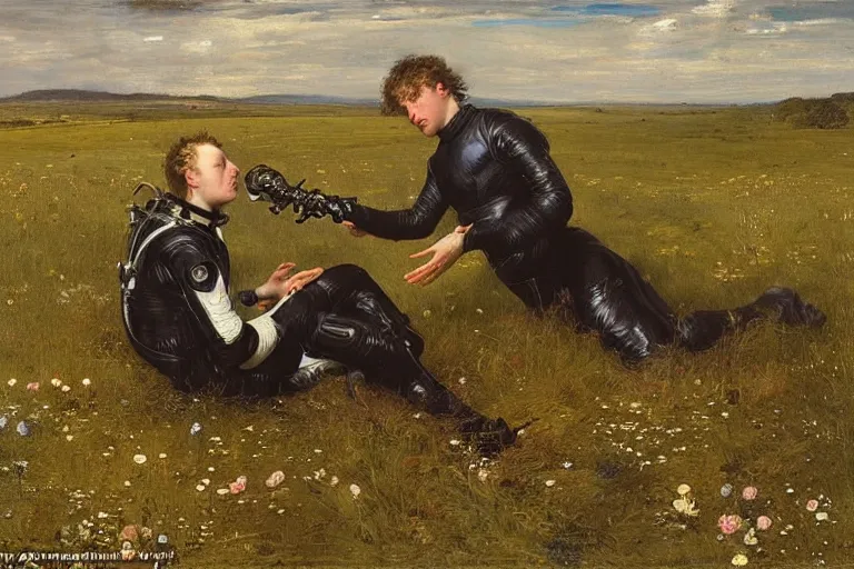 Image similar to sad portrait of an astronaut & a xenomorph in a meadow by sir john everett millais, photorealistic, hyperdetailed, ethereal, masterpiece, oil painting