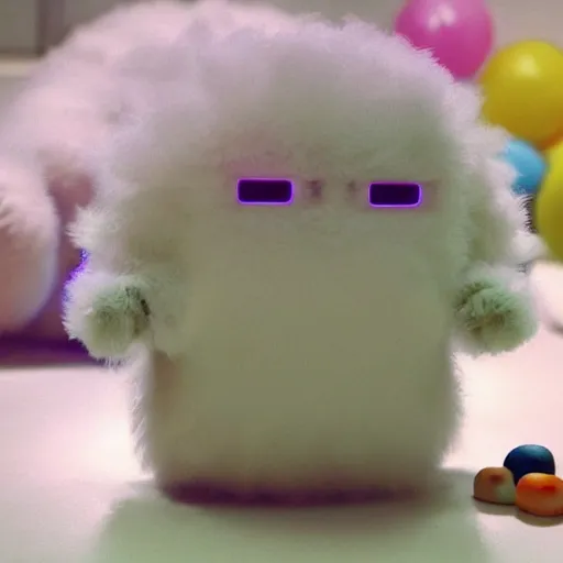 Image similar to <picture quality=hd+ mode='attention grabbing'>An adorable fluffy robot gets high on drugs and trips balls</picture>