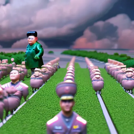 Image similar to screaming kim jong un doll leading a parade of himself octane render