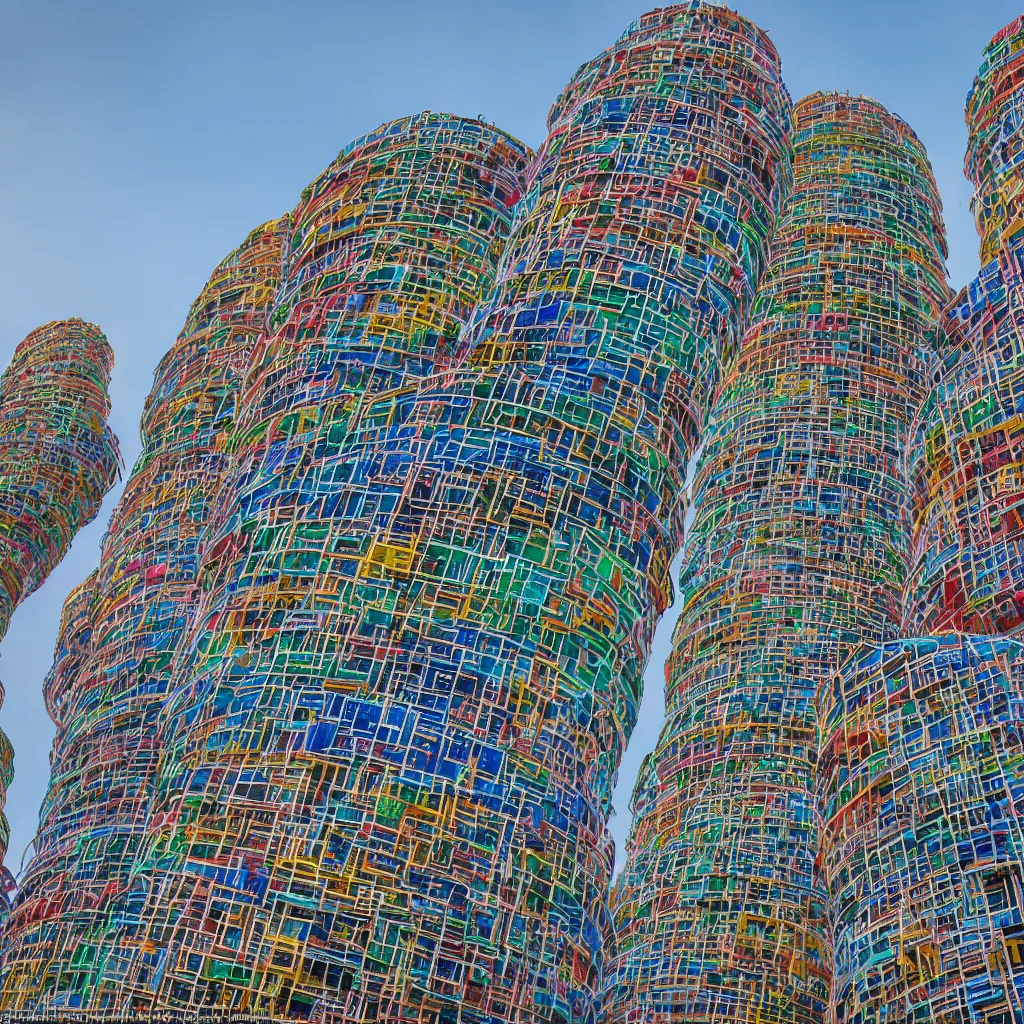 Image similar to circular towers, made up of colourful makeshift squatter shacks, vertical blank spaces, dystopia, sony a 7 r 3, f 1 1, fully frontal view, photographed by jeanette hagglund and terry gilliam