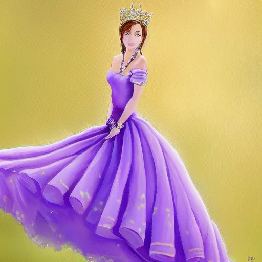 Image similar to Oil painting of a princess wearing a lavanda color dress, and a tiara with emeralds, digital art, 4k, anime style