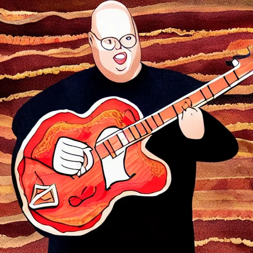 Prompt: Black Francis playing a giant piece of bacon like a guitar, illustration