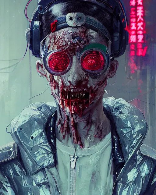 Prompt: detailed portrait zombie, cyberpunk futuristic neon, reflective puffy coat, decorated with traditional Japanese ornaments by Ismail inceoglu dragan bibin hans thoma greg rutkowski Alexandros Pyromallis Nekro Rene Maritte Illustrated, Perfect face, fine details, realistic shaded, fine-face, pretty face