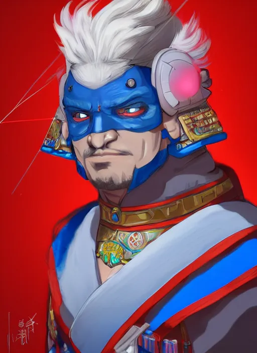 Image similar to a portrait of General Franky as a real man, wearing a traditional Japan dress, very muscular, blue hair, handsome chad chin, glowing red laser eye, intricate, highly detailed, digital painting, artstation, concept art, smooth, sharp focus, illustration, matte painting