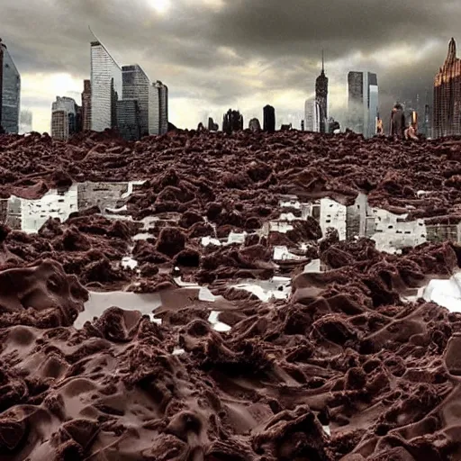 Image similar to tsunami of liquid chocolate on new york, post apocalyptic, cinematic, end of the world