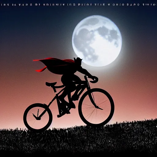 Prompt: superman riding a bike across the full moon as silhouette, from the movie e. t. the extra terrestrial, with dark trees in foreground, cinematic frame by steven spielberg, hd