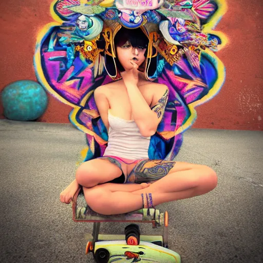 Image similar to kawaii puerto rican goddess chilling out at the skatepark wearing a bespoke headdress designed by emma yeo, inspired by cameron gray, wlop, stanley kubrick, masamune, hideki anno, jamie hewlett, unique perspective, trending on artstation, 3 d render, vivid