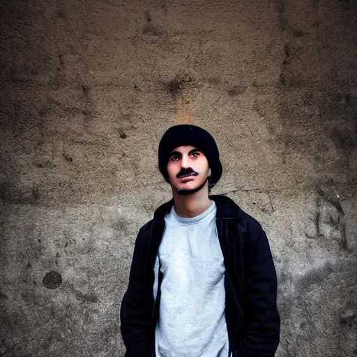 Image similar to a portrait of a 19 year old italian man. he has a mustache, and a beanie on.