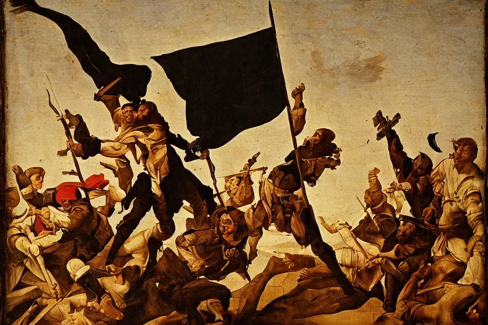 Prompt: John Brown triumphantly waving a black flag, renaissance art, detailed