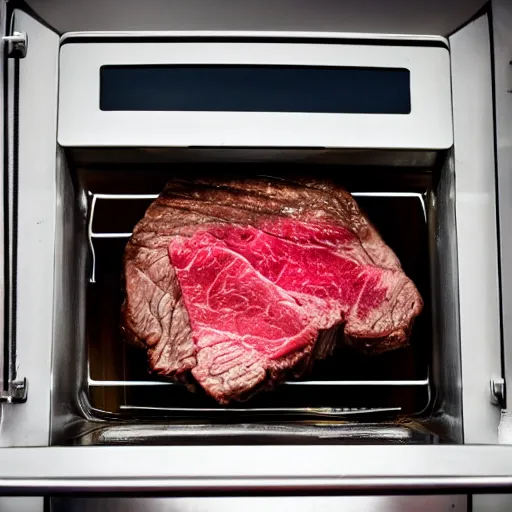 Image similar to Steak being cooking in a microwave, viewed through the closed microwave window, cursed