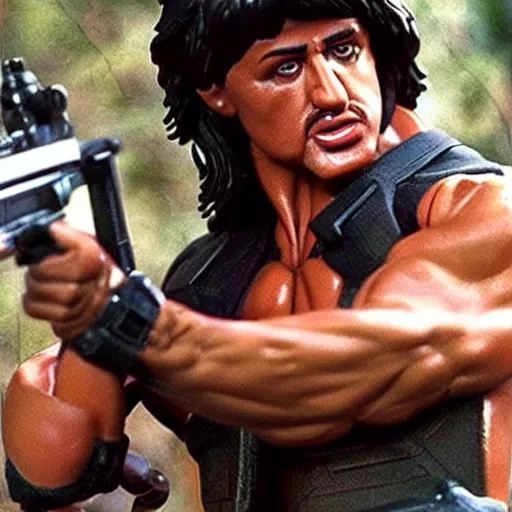 Image similar to 12 inch full body lifelike action figure of Stallone as Rambo. Big muscles. Holding a fully automatic rifle