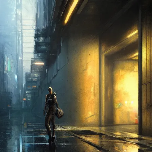 Prompt: doorway, empty sidewalk of a cyberpunk megacity, dramatic lighting, detailed background, gorgeous view, realistic, high detail, depth of field, lightrays, atmospheric, digital art, painted by greg rutkowski, painted by jeremy mann, trending on artstation