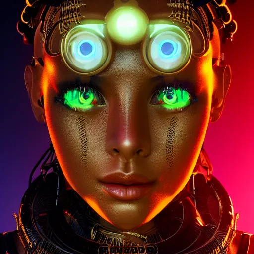 Image similar to centered symmetrical portrait of a persian cyberpunk cyborg japanese girl in kimono with glowing cybernetics, hyperdetailed, digital painting, trending on Artstation, cel-shading style, CG society, hyperdetailed, digital painting, hypermaximalist, golden ratio, volumetric, octane render, weta digital, micro details, 3d sculpture