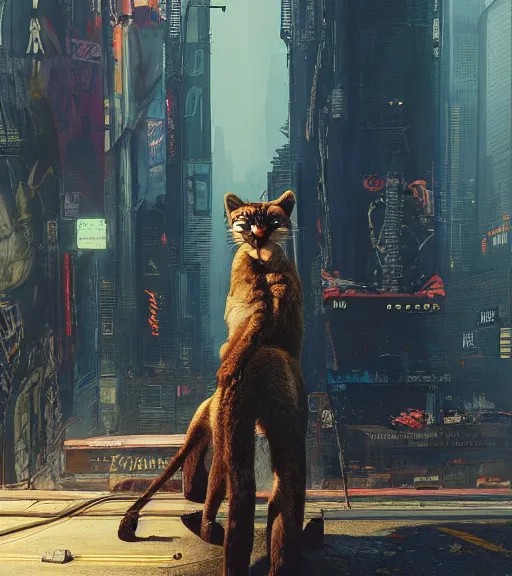 Image similar to new york city portrait of furry anthro anthropomorphic cougar mountain lion head animal person fursona wearing clothes strange cybernetic muzzle gloomy rainy screenshot from the video game cyberpunk 2077 digital art by Greg Rutkowski, Simon Stalenhag, christopher nolan trending on Artstation, CGSociety