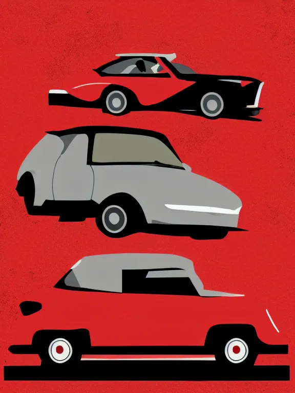 Image similar to Movie poster featuring a vector of a small black car in the middle with some red details, modernism, beige background, in the style of Vasilis Marmatakis