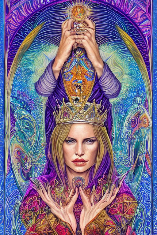 Image similar to beautiful tarot card of the queen of dreams by alex grey and dan mumford and carol bak, oil on canvas, intricate, border, symmetrical, portrait, 8k highly professionally detailed, HDR, CGsociety