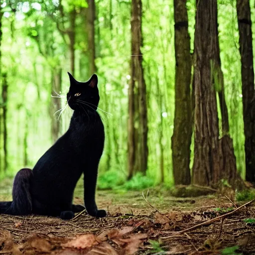 Image similar to a fantasy style mix of Neo from the Matrix in a forest and cute black cats, 50mm lens