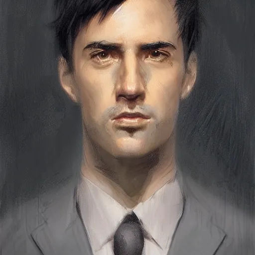 Image similar to portrait of a man by greg rutkowski, he is! about 3 0 years old, short black hair with bangs, his features are a mix between french, turkish and russian and he is wearing futuristic prosecutor suit, highly detailed portrait, digital painting, artstation, concept art, smooth, sharp foccus ilustration, artstation hq