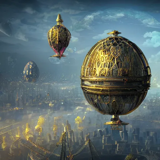 Image similar to enormous flying city in a faberge egg, sky, steampunk, fantasy art, unreal engine, aerial view