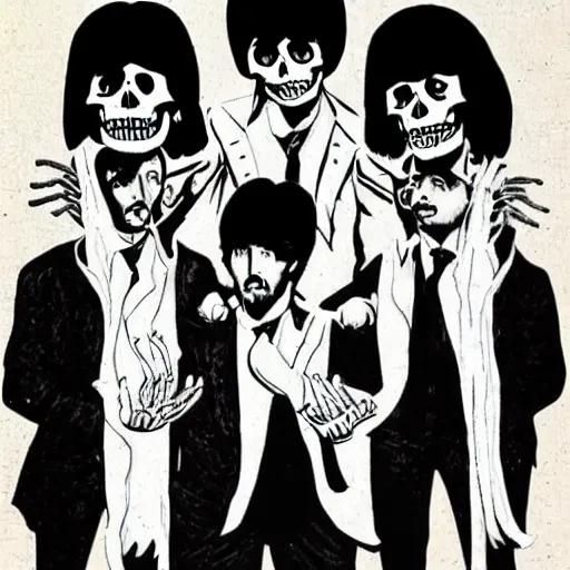 Prompt: beatles album cover, evil style, angry ringo, skeleton john,