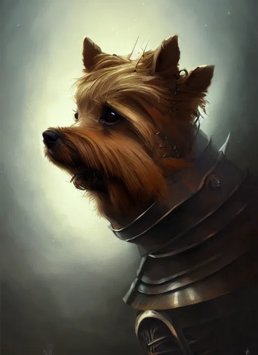 Image similar to norwich terrier as an knight, backround dark, highly detailed, digital illustration, trending in artstation, modern painting, smooth, sharp focus, intricate, by peter mohrbacher
